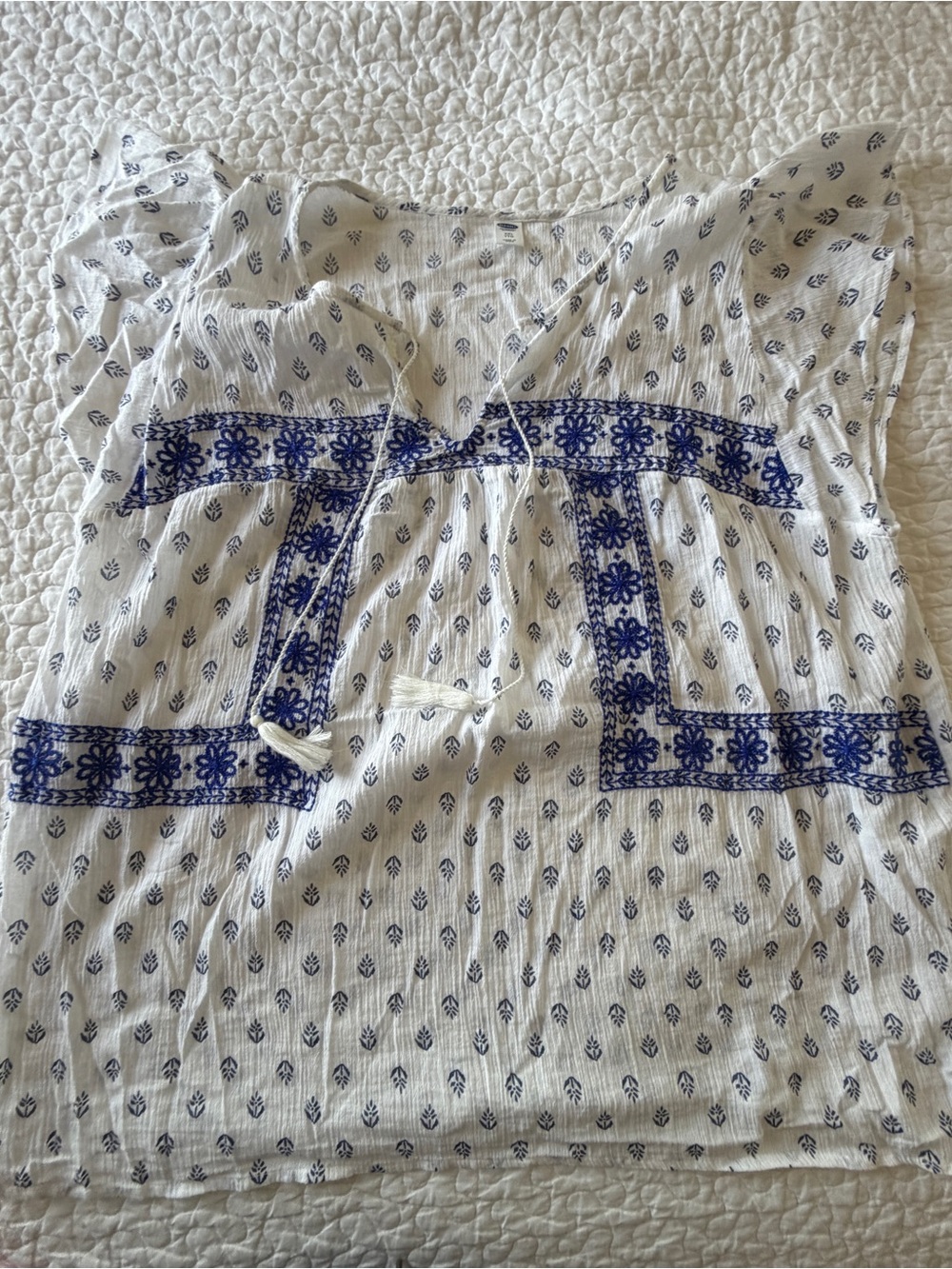 Old Navy White Peasant Blouse with Blue Embroidery